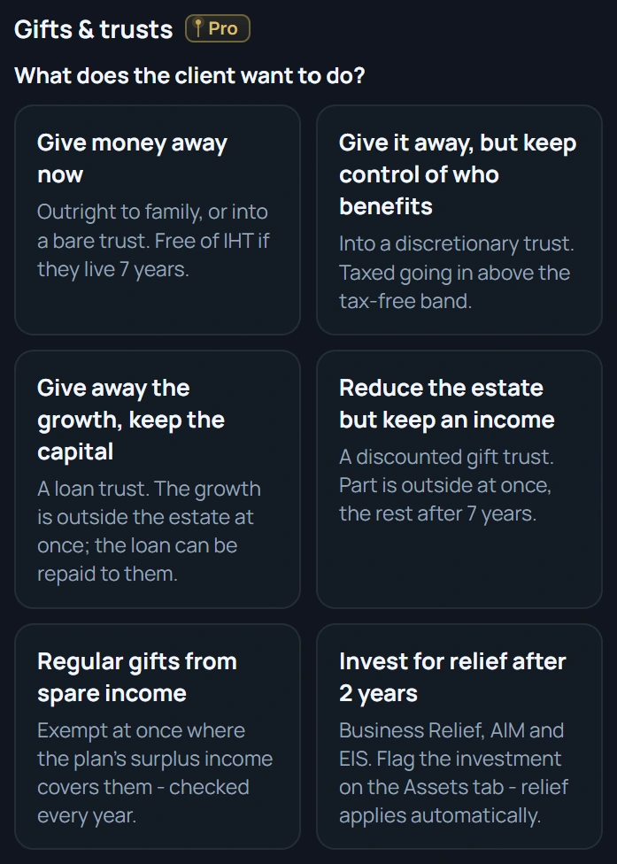 Meridian Pro's estate planning picker: plain-English goals such as give money away now, keep an income, or keep access to the capital