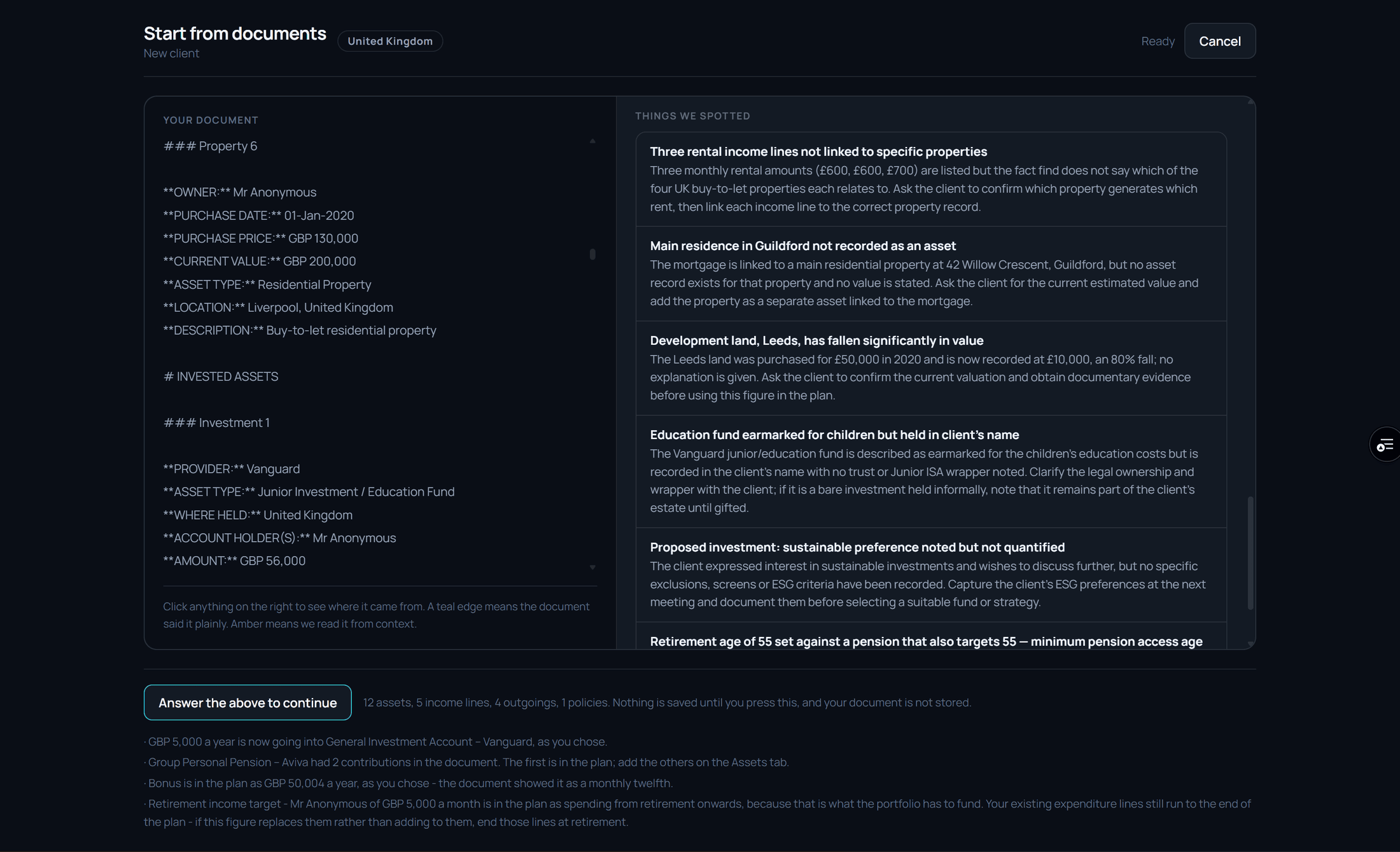 AI intake review screen: a fact find document alongside the assumptions Meridian flagged for the adviser to confirm