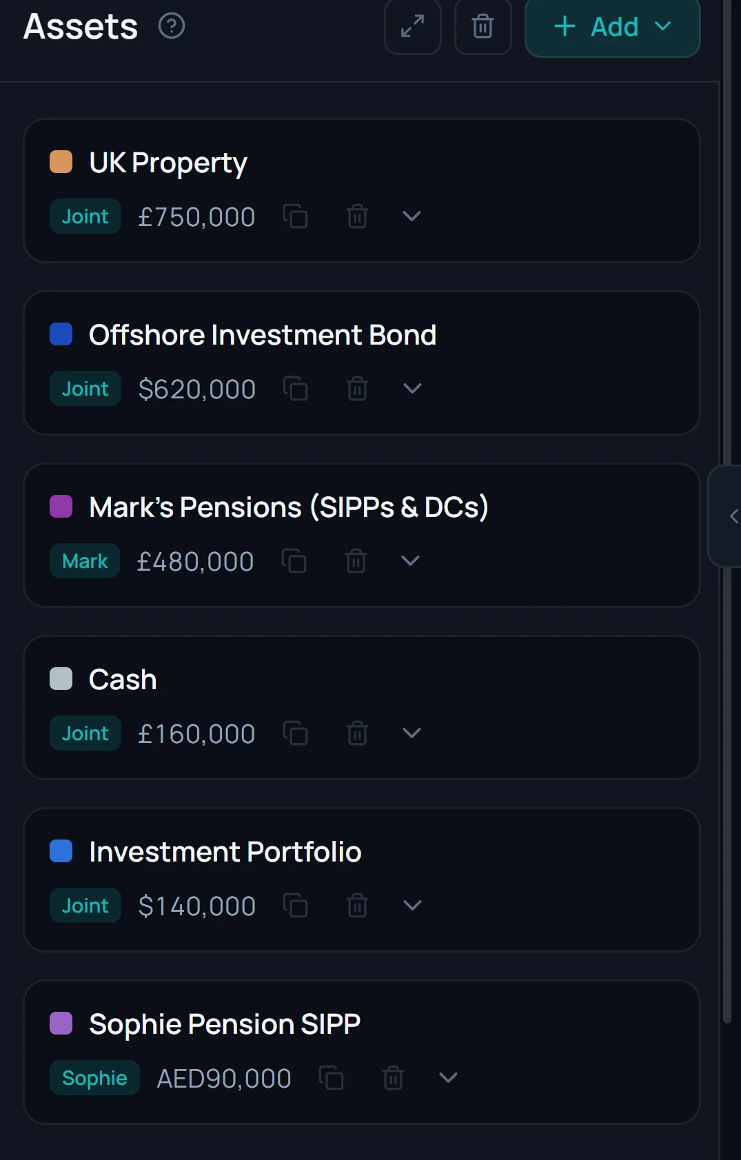 Assets held in GBP, USD and AED side by side in one plan