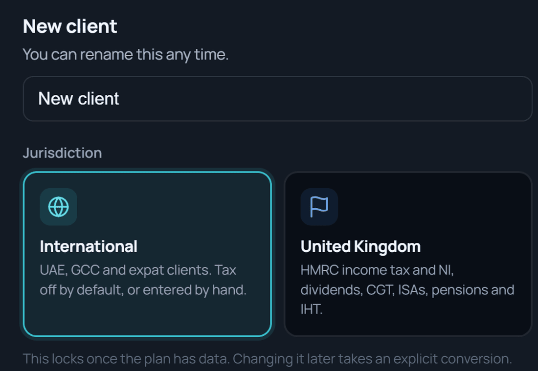 Creating a new client in Meridian: choose International or United Kingdom, then start from a blank plan or from a document